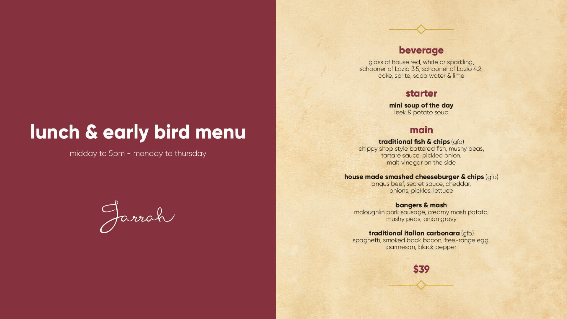 Early Dining Menu Examples Lunch & Early Bird Menu at Jarrah | Darcy Hospitality